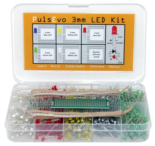 [2209] PulsEvo 3mm Diffused LED(1000 Pcs) Assortment Kit With Bonus PCB And 220 Ohm Resistors