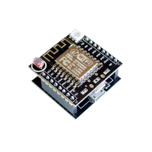 ESP8266 development board with LDR light sensor and WS2812 LED, includes CH340G USB-to-UART programmer. SunRobotics.