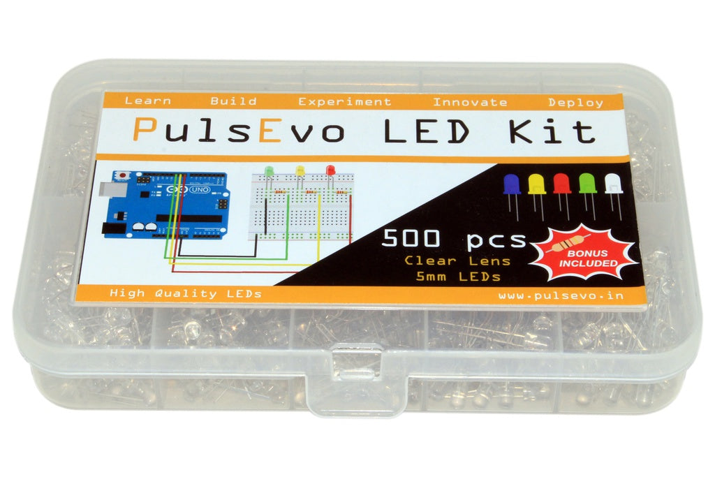 PulsEvo 5mm Clear Lens LED Assortment Kit With Bonus Resistor Pack - 500 pcs