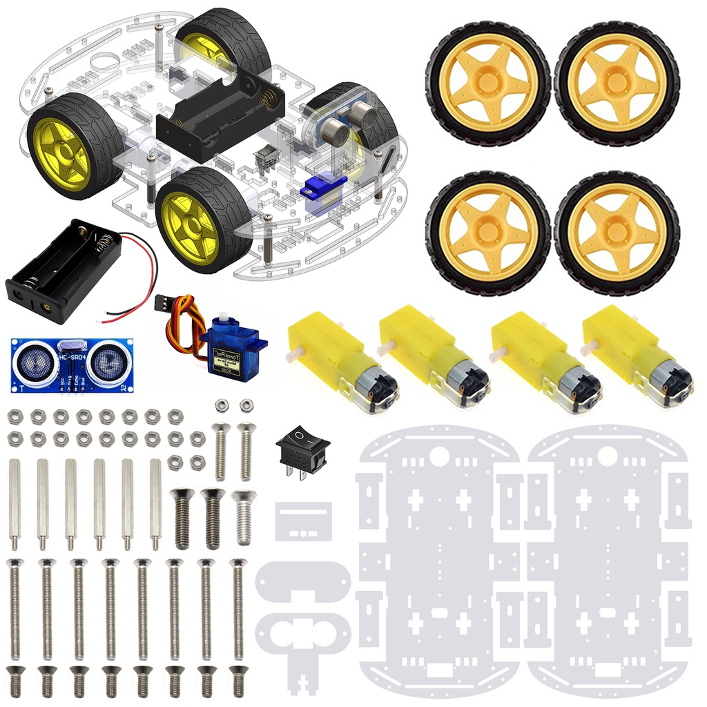 4WD Robotics Chassis including Motors, Wheels &amp; 18650 Battery Holder V2.0 (CLEAR)